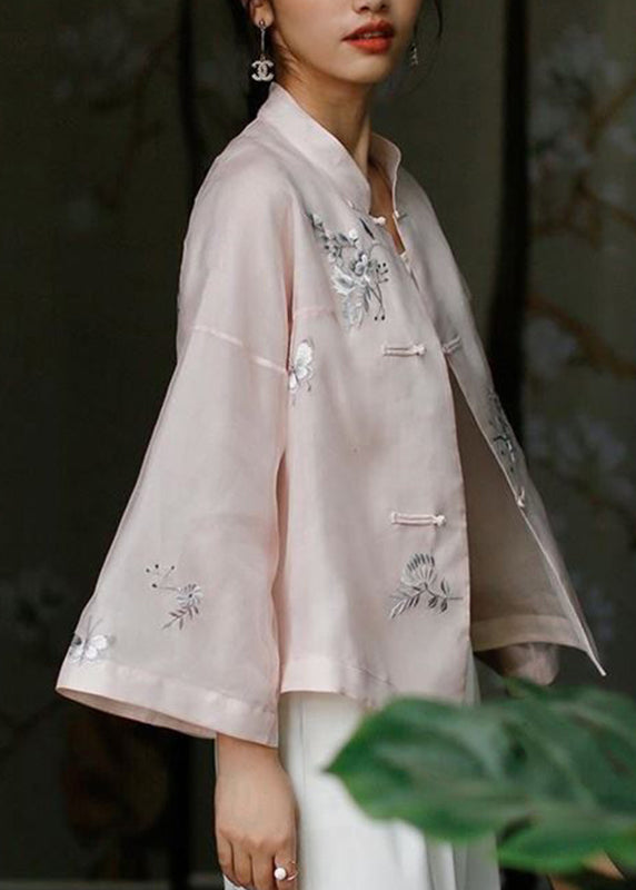 Pink Stand Collar Embroidered Button Top Long Sleeve