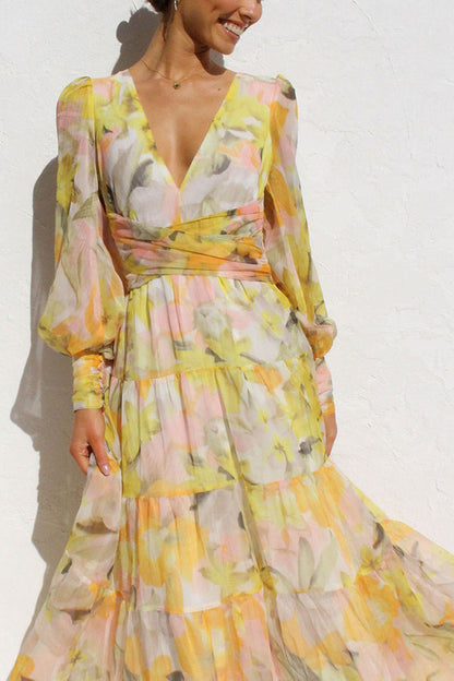 Yellow Olena Abstract Balloon Sleeves Maxi Dress