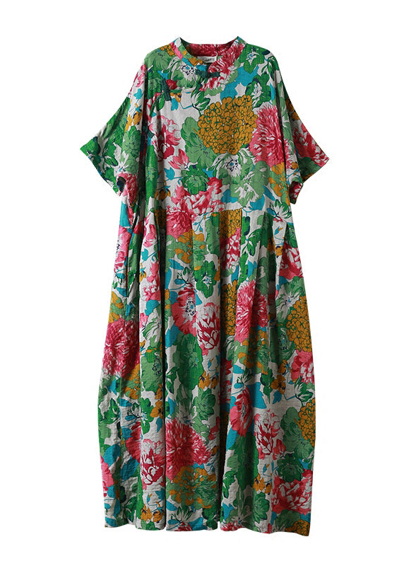 Green Mandarin Collar Cinched Print Maxi Dress Half Sleeve