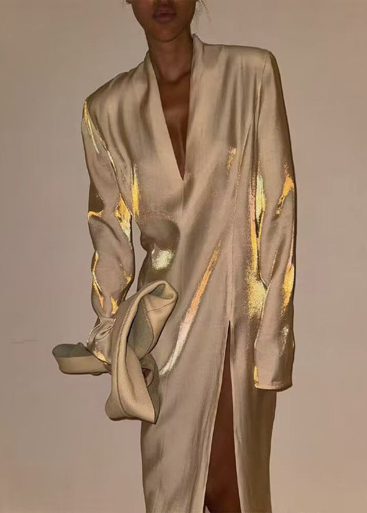 Classy Beige V Neck Side Open Silk Long Dress Spring