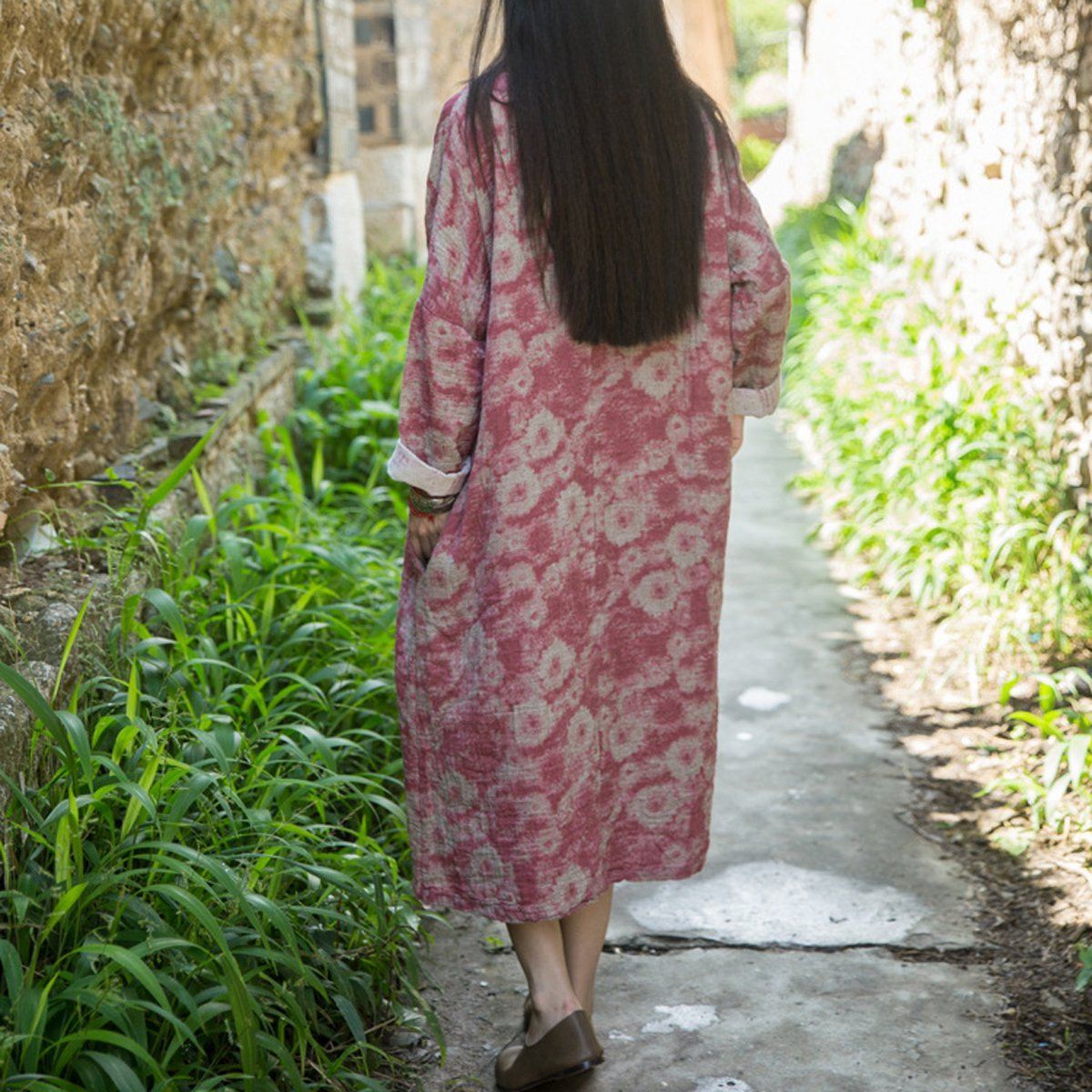 Cotton Linen Loose Fitting Dress Red / Blue