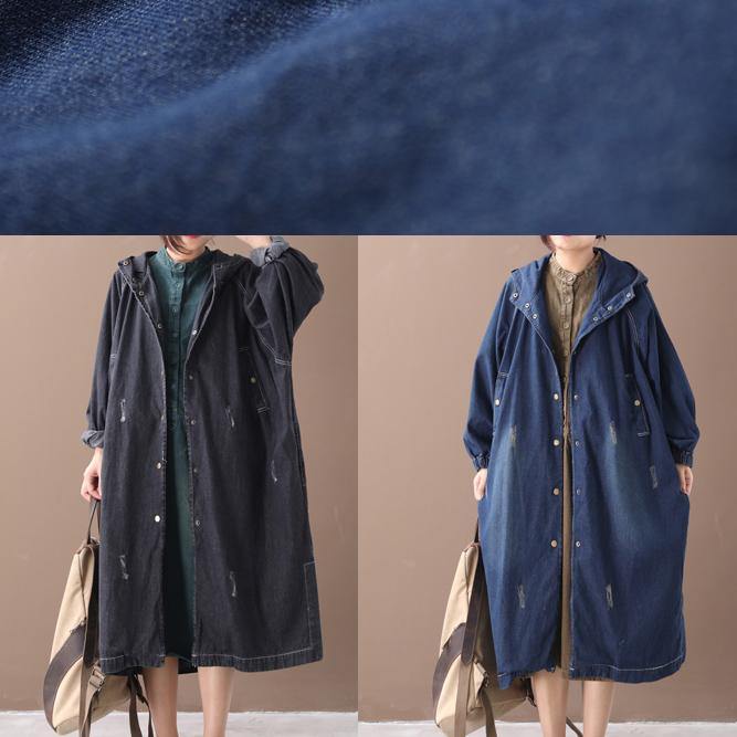 French Denim Black Fine Coat for Woman Shape Hooded Hole Outwears