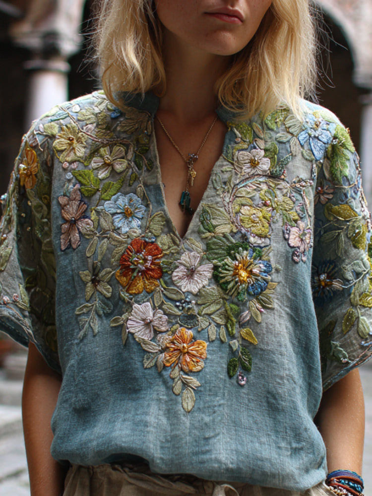 Bohemian Blue Melancholy Embroidery Vintage V-neck Short-sleeved Shirt elevenforest