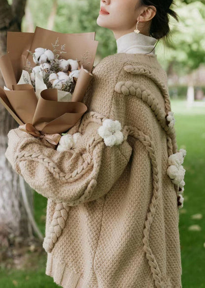 Khaki V Neck Cable Knit Cardigan Fall