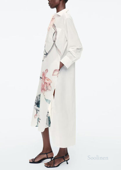 White Oversized Print Cotton Long Shirts Dresses Fall