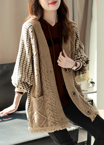 Khaki V Neck Plaid Patchwork Tassel Knit Coats Fall