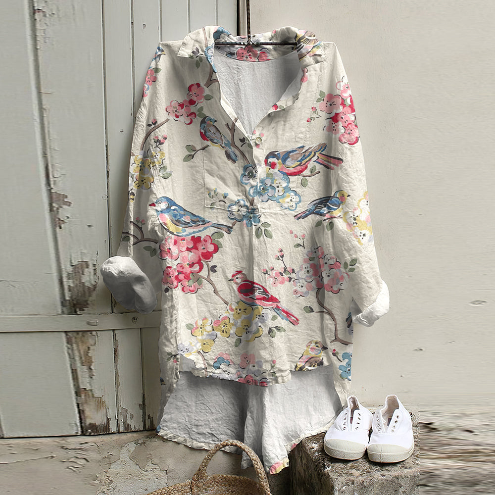 Women's Vintage Bird And Floral Pattern Casual Button Shirt elevenforest