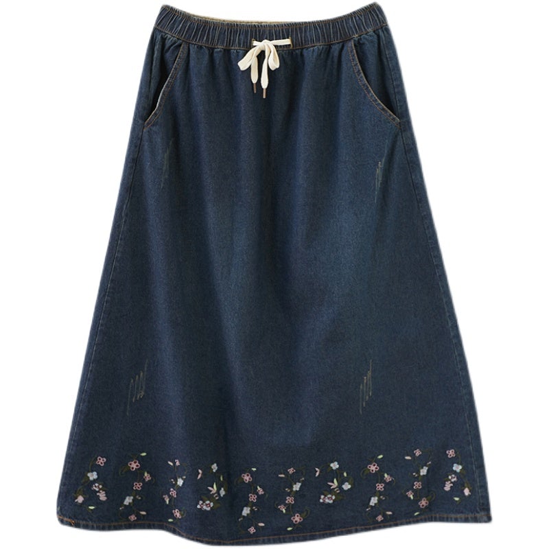 Retro Embroidery Loose Denim Skirt