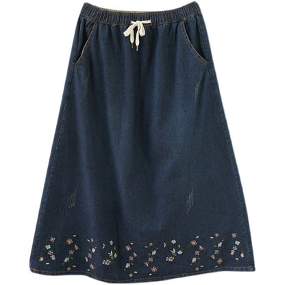 Retro Embroidery Loose Denim Skirt