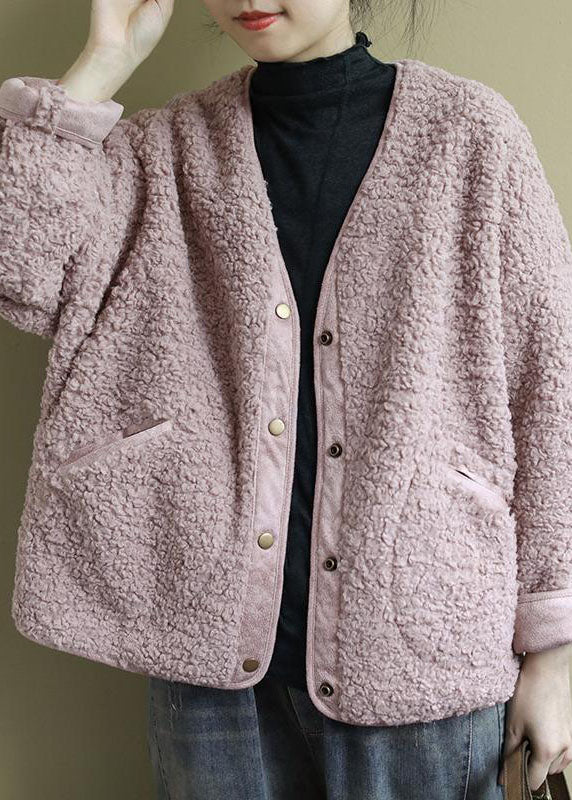 Pink Pockets Button Fall Winter Thick Coats Faux Fur