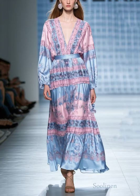 Colorblock V Neck Print Silk Tunic Dresses Spring