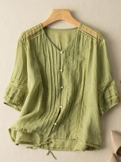 Pure Color V Neck 3/4 Sleeve Linen Top