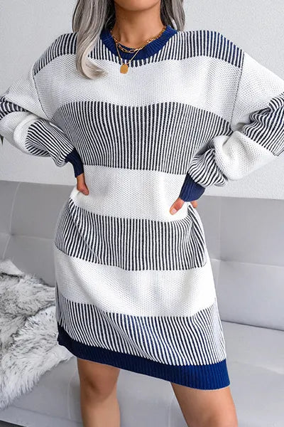 Striped Split Joint Contrast O Neck Dresses Sweater (without Belt)