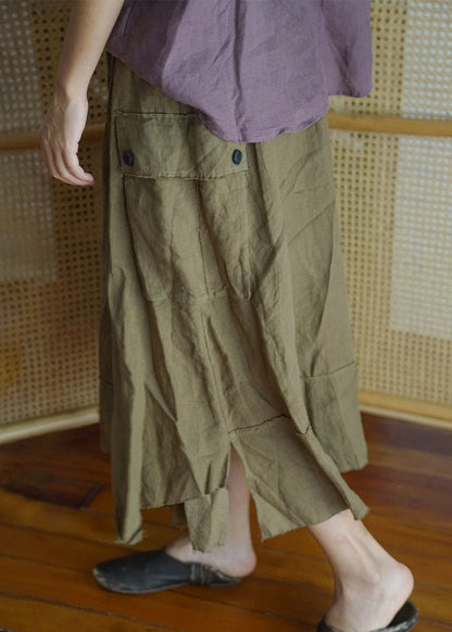 Green Elastic Waist Drawstring Asymmetrical Pocket Linen Skirt Spring