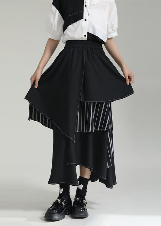 Black Striped Asymmetrical Patchwork Cotton Skirts Summer