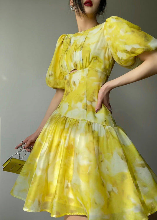 Yellow O Neck Print High Waist Dress Summer