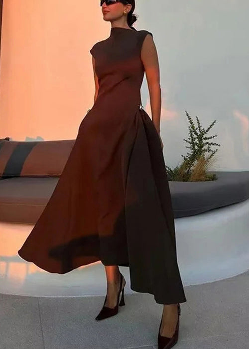 French Coffee Turtleneck High Waist Cotton Long Dress Sleeveless