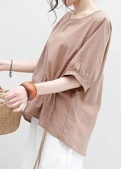 O Neck Lantern Sleeve Cotton Linen Tunic Top Neckline Khaki Summer Blouses