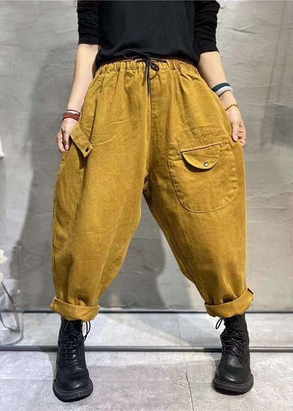 Yellow Elastic Waist Pockets Tie Waist Fall Pants