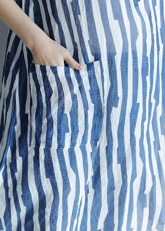 Diy Lapel Pockets Cotton Tunic Fitted Sleeve Blue Striped a Line Dresses Summer