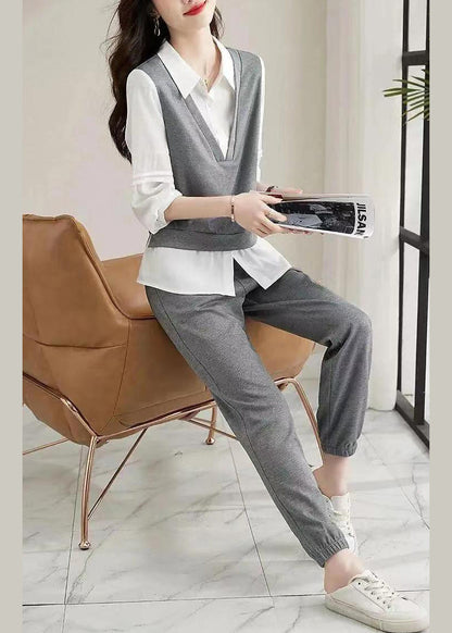 Grey Peter Pan Collar Tops and Pants Cotton Two-piece Set Fall