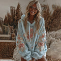 Women's Vintage Blue Rose Embroidery Long Sleeve Cozy Hooded Sweater artswardrobe