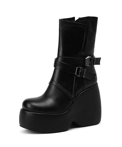 Splicing Wedge Boots Black Cowhide Leather