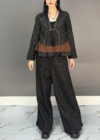Chinese Style Black V Neck Button Top and Wide Leg Pants Two Pieces Set Spring