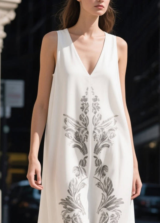 White V Neck Print Chiffon Maxi Dresses Summer