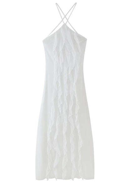 White Ruffled Backless Lace Up Chiffon Maxi Dress Sleeveless