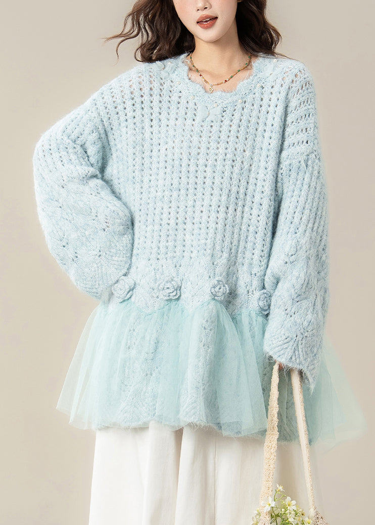 Light Blue Hollow Out Butterfly Tulle Patchwork Knit Sweater Spring