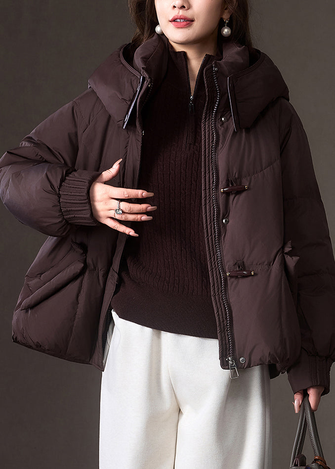 Brown Zippered Pockets Patchwork Hooded Down Coat Winter