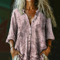 Women's Vintage Floral Textured Art Print Casual Cotton And Linen Shirt elevenforest