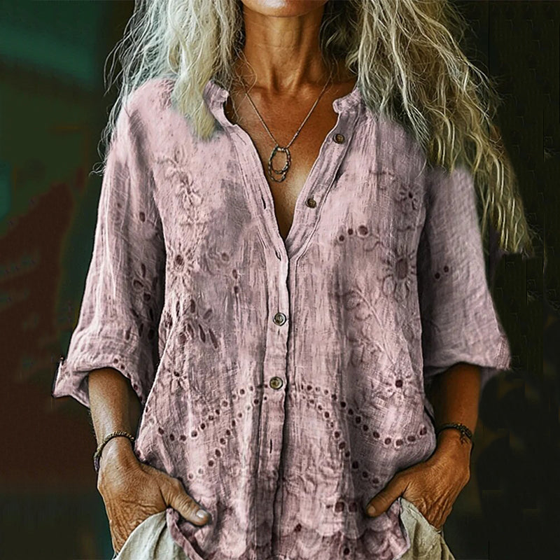 Women's Vintage Floral Textured Art Print Casual Cotton And Linen Shirt elevenforest