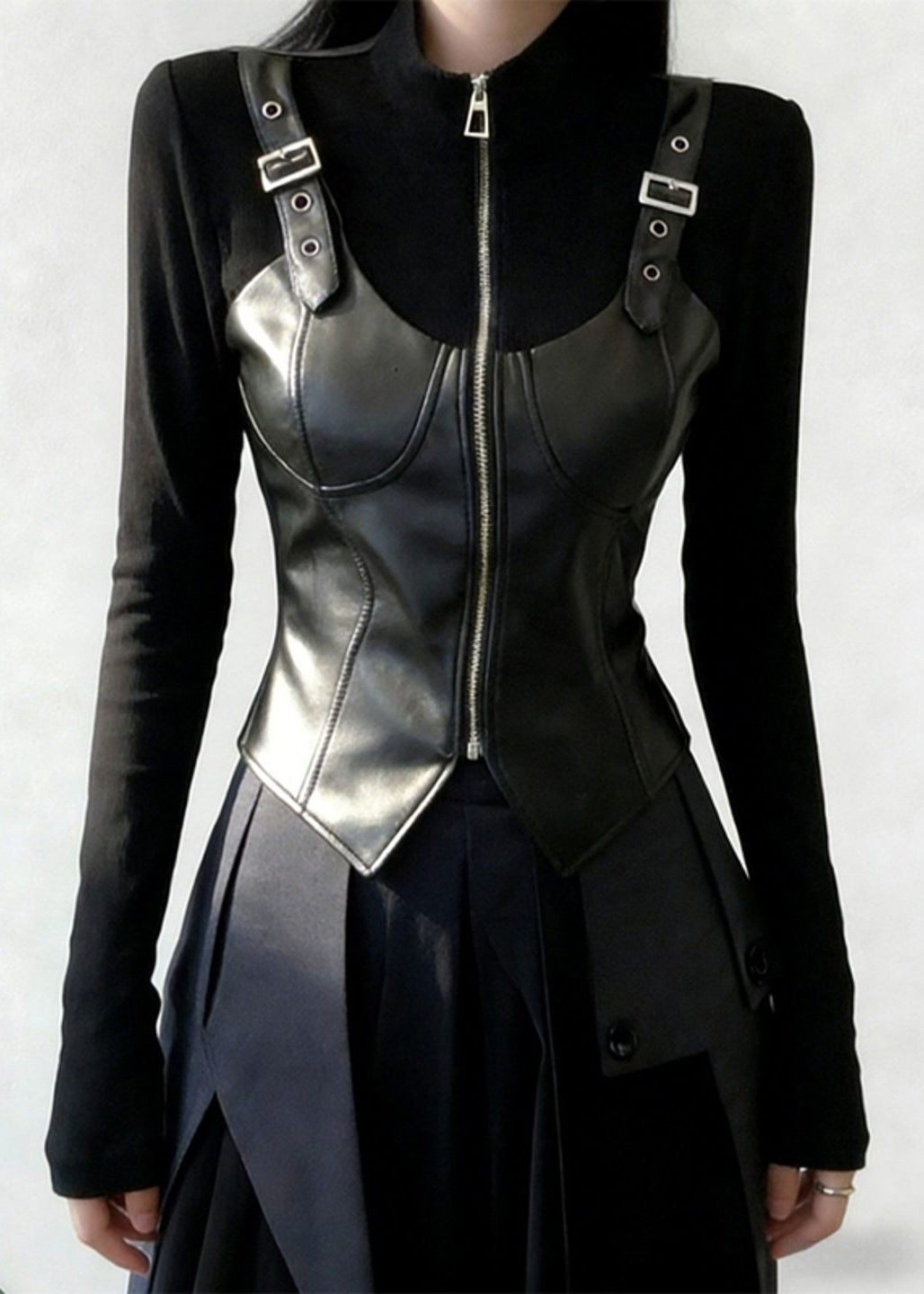 Black Zip Up Faux Leather Patchwork T Shirt Stand Collar Spring