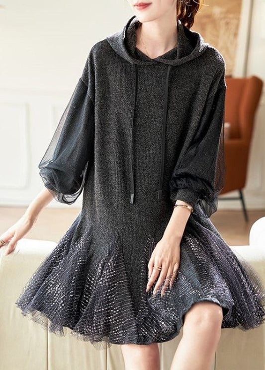 Grey Tie Lace Tulle Patchwork Hooded Mid Dress Spring