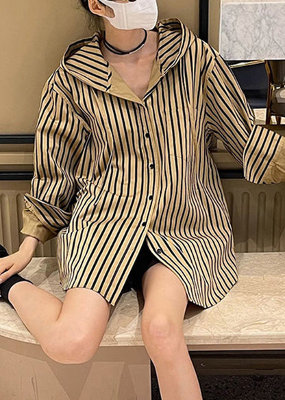 Natural Khaki Striped Button Hooded Shirts Spring