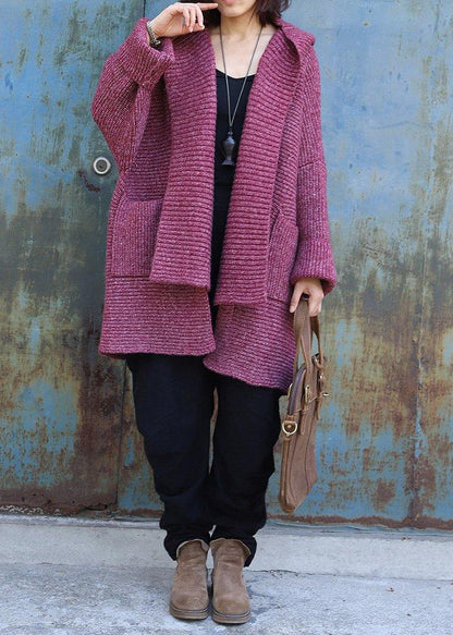 Hooded Knitted Coat Oversize Red Two Big Pockets Sweater Coat