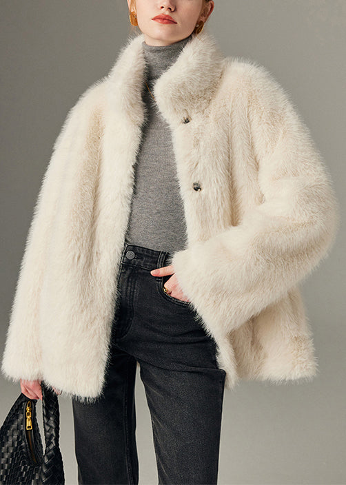 Italian White Stand Collar Pockets Leather and Fur Coat Winter