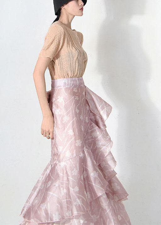 Pink Print Summer Ruffles Low High Design Skirt