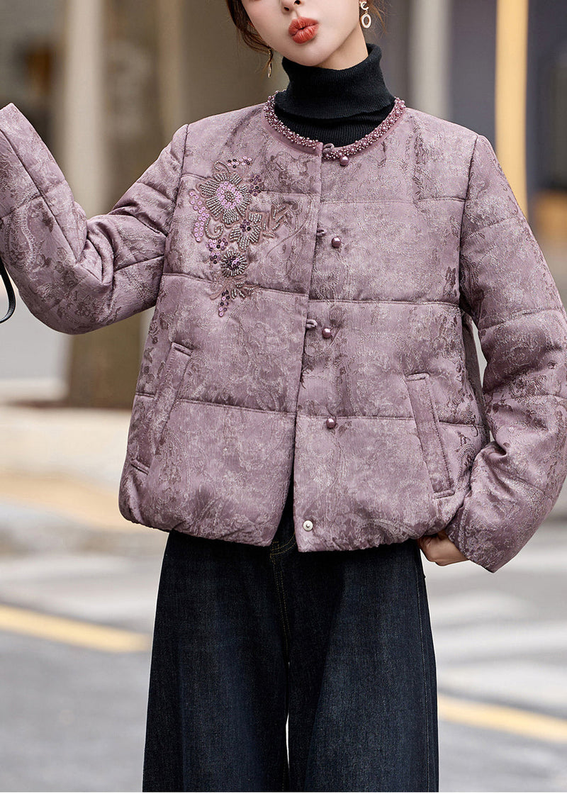 Purple Sequins Nail Bead Fine Cotton Filled Jacket in Winter