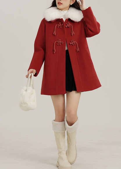 Red Oversized Chinese Button Woolen Coats Winter
