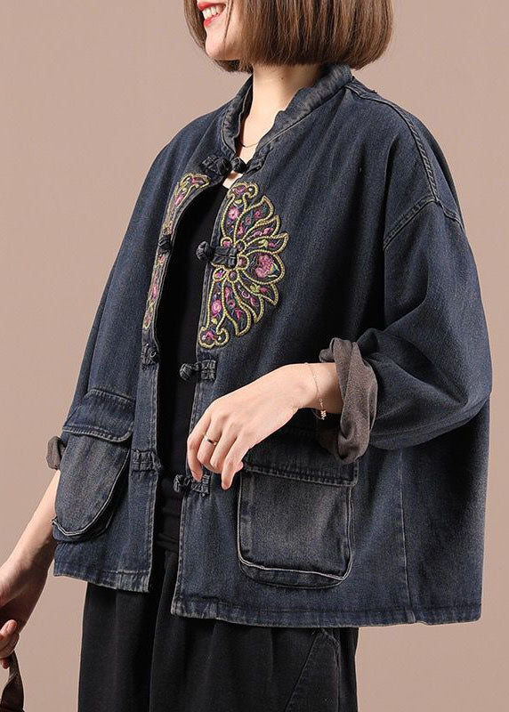 Black Button Embroideried Pockets Fall Denim Jackets