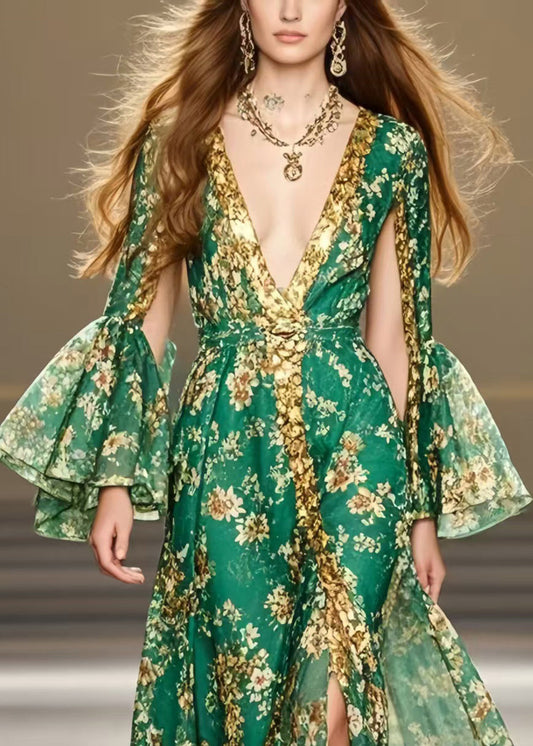 Green Deep-v Neck Print Chiffon Party Dresses Flare Sleeve