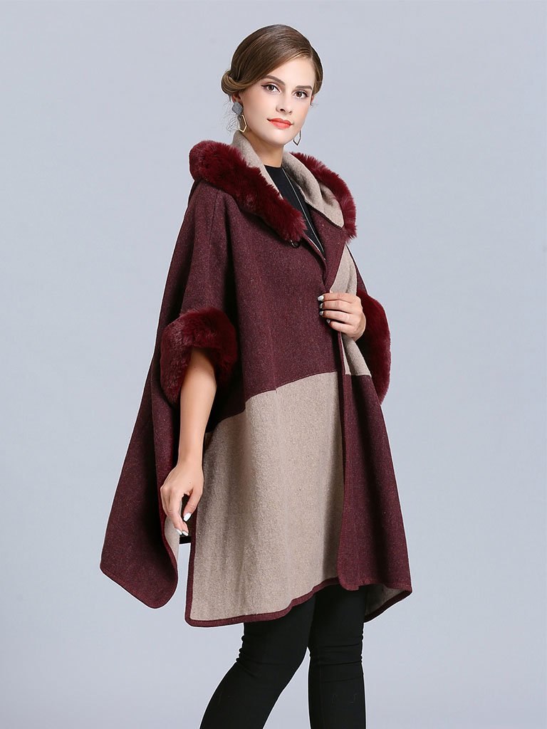 Poncho Cape Faux Fur Hooded Plaid Cape Coat