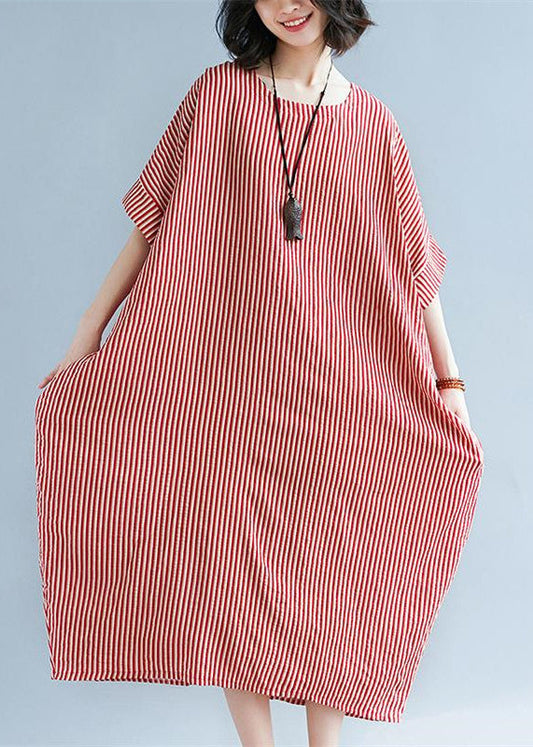 Red Linen Maxi Dress O Neck Striped Linen Clothing Dresses Fine Baggy Dresses Caftans