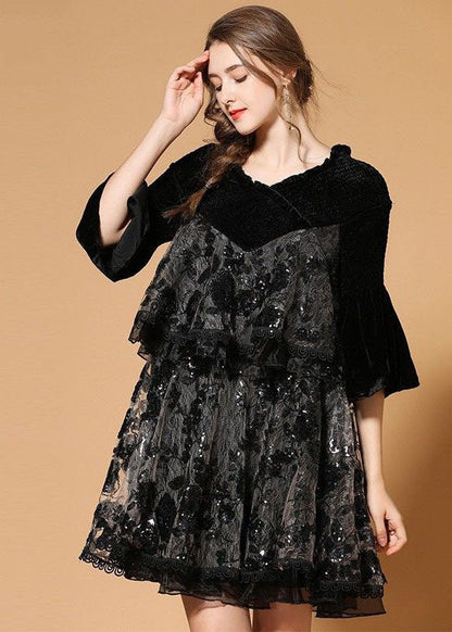 Black Patchwork Silk Velour Holiday Dress Sequins Nail Bead Half Sleeve