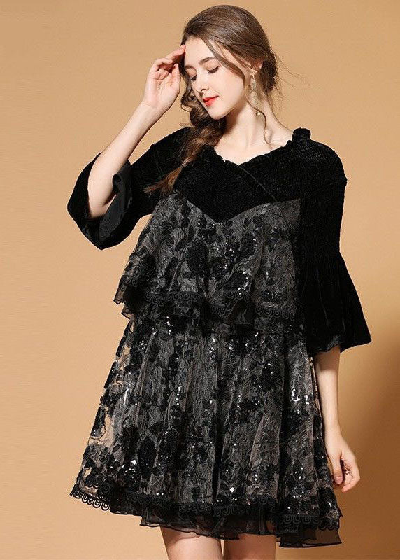 Black Patchwork Silk Velour Holiday Dress Sequins Nail Bead Half Sleeve