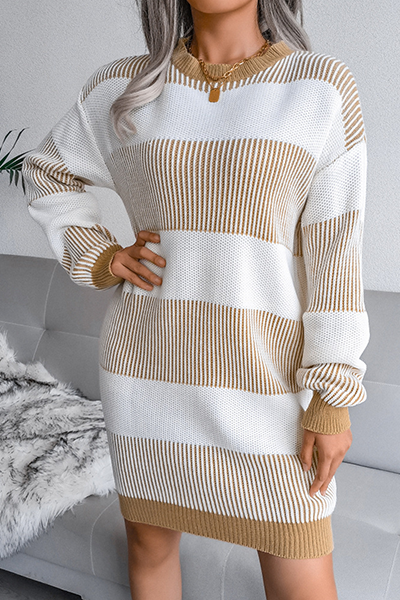 Striped Split Joint Contrast O Neck Dresses Sweater (without Belt)