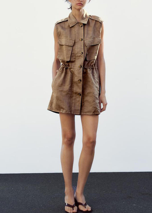 Tan Peter Pan Collar Button Cotton Mid Dress Sleeveless